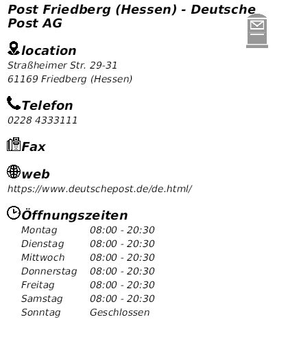 Deutsche Post AG Öffnungszeiten in Friedberg (Hessen), .